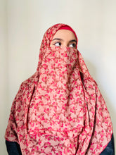 Printed Double Loop Hijab With Plain Niqab - Cherry Blossom Red