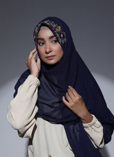 Fancy Embroidered Hijab Niqab Set - Navy
