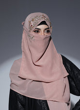 Fancy Embroidered Hijab Niqab Set - Nude Pink