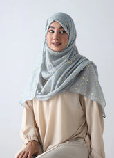 Lawn Hijab with Golden Dotted Embossed Design - Grey