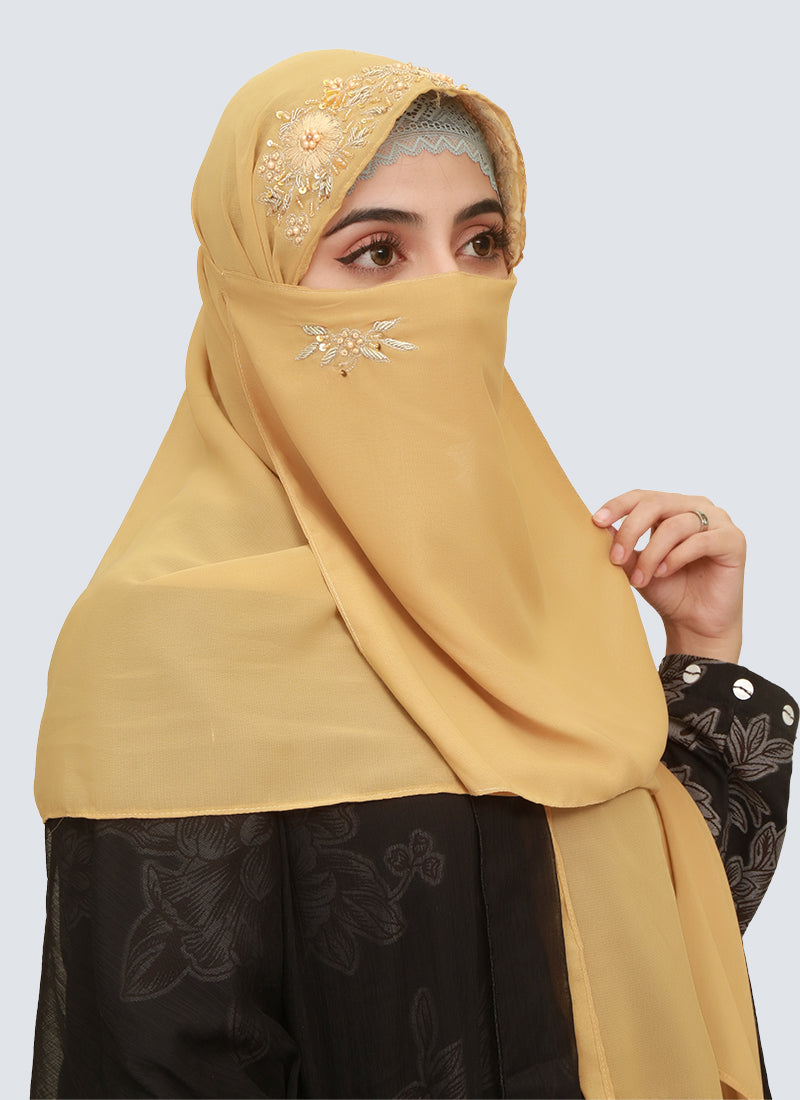 Fancy Embroidered Hijab Niqab Set - Golden