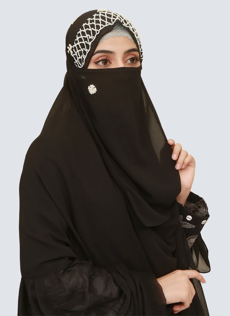 Cut Dana Work Embroidered Hijab Niqab Set - Black