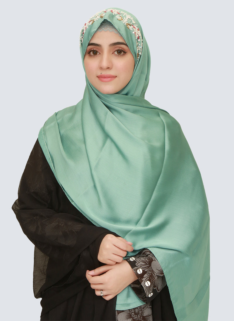 Pearl Embroidered Hijab Niqab Set - Teal Green