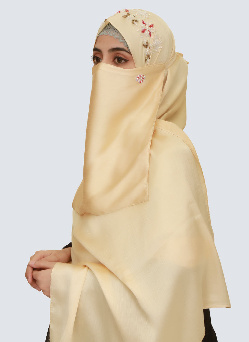 Pearl Embroidered Hijab Niqab Set - Beige