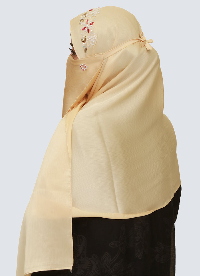 Pearl Embroidered Hijab Niqab Set - Golden