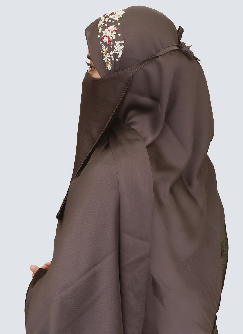 Pearl Embroidered Hijab Niqab Set - Dark Grey