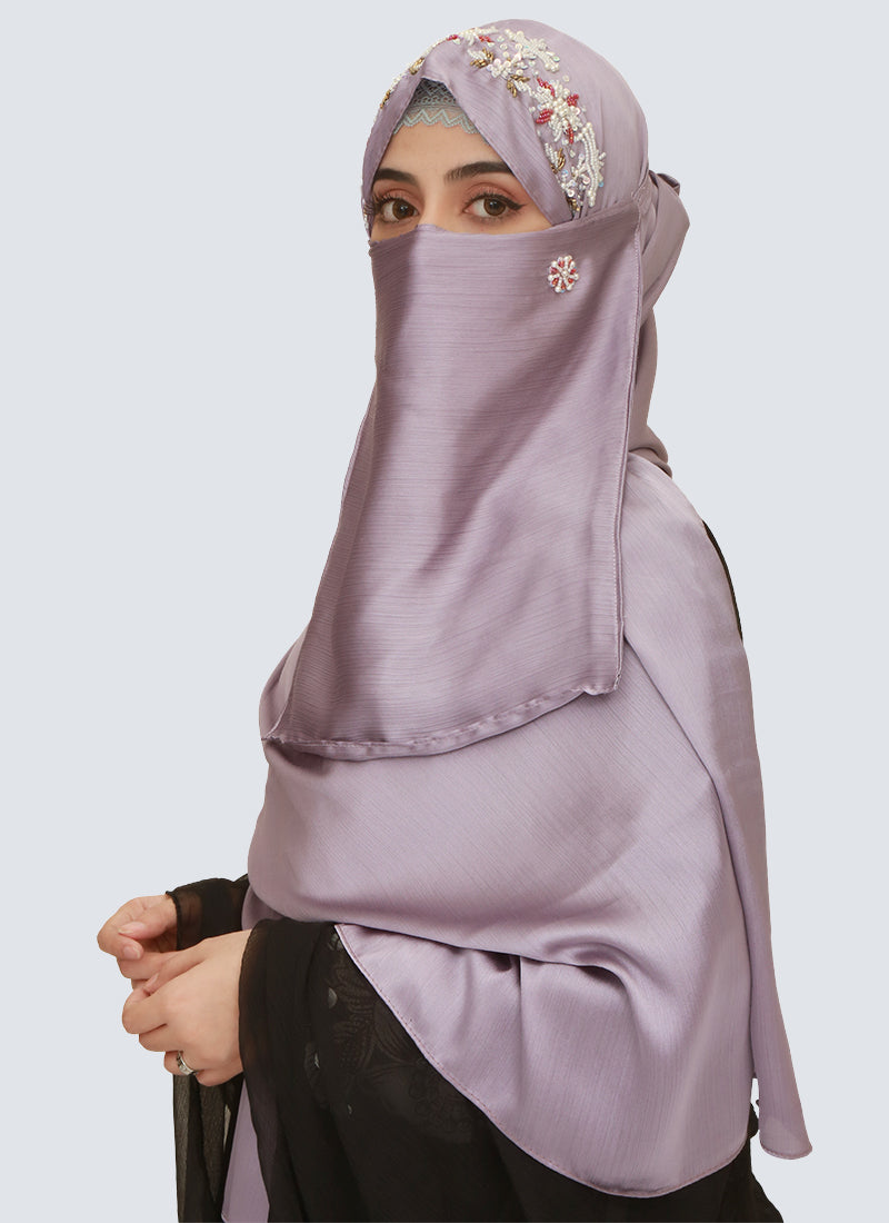Pearl Embroidered Hijab Niqab Set - Purple