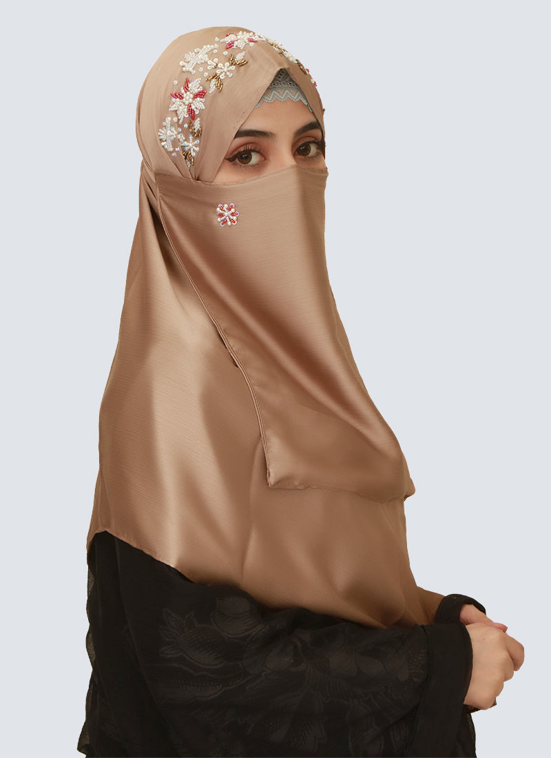 Pearl Embroidered Hijab Niqab Set - Fawn