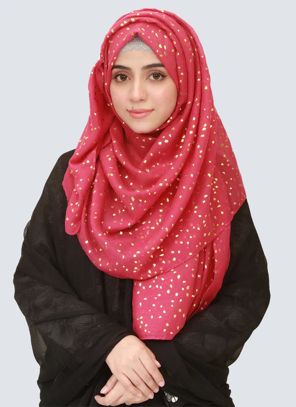 Lawn Hijab with Golden Dotted Embossed Design - Pink