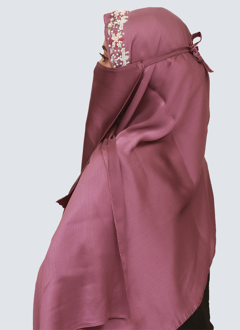 Pearl Embroidered Hijab Niqab Set - Dark Purple