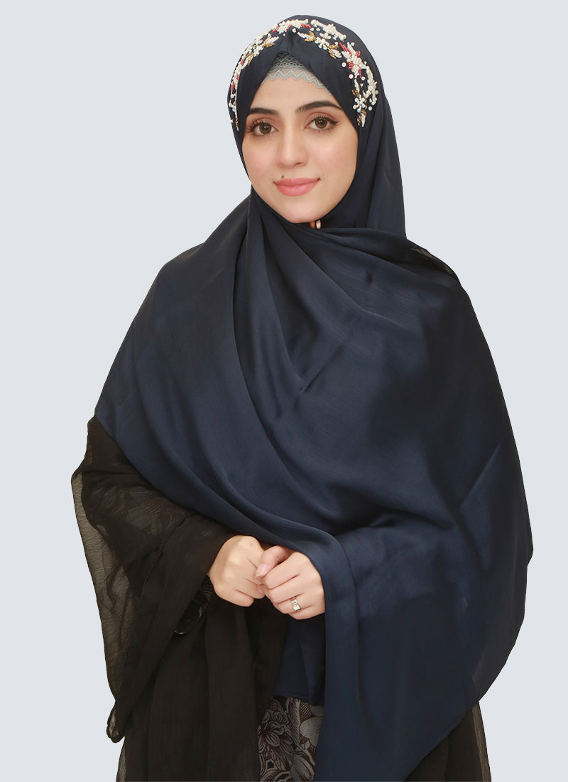 Pearl Embroidered Hijab Niqab Set - Navy