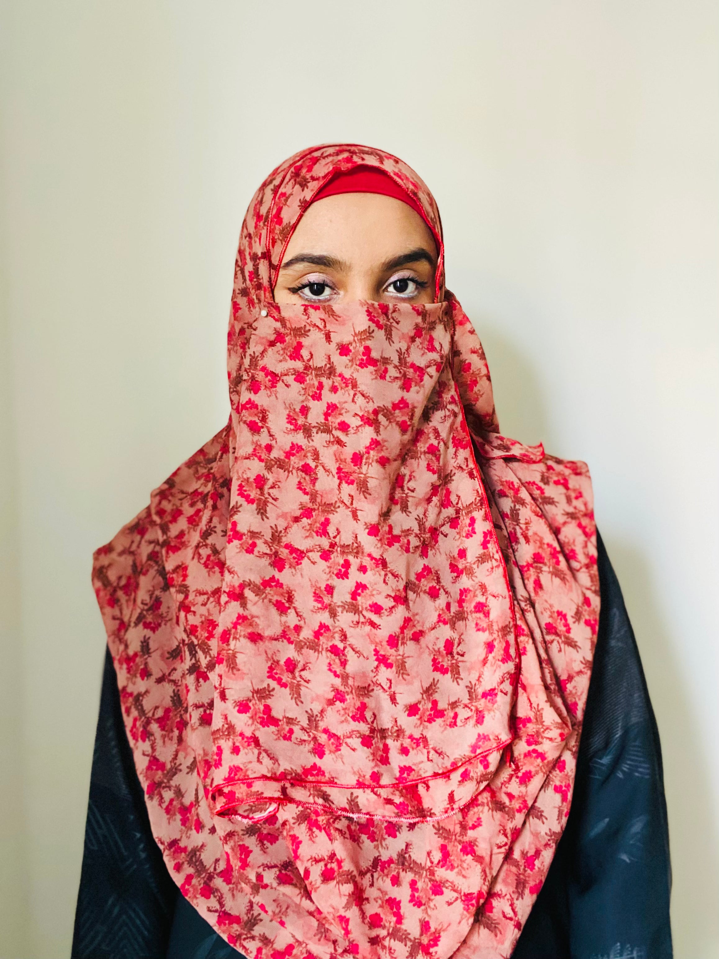 Printed Double Loop Hijab With Plain Niqab - Cherry Blossom Red
