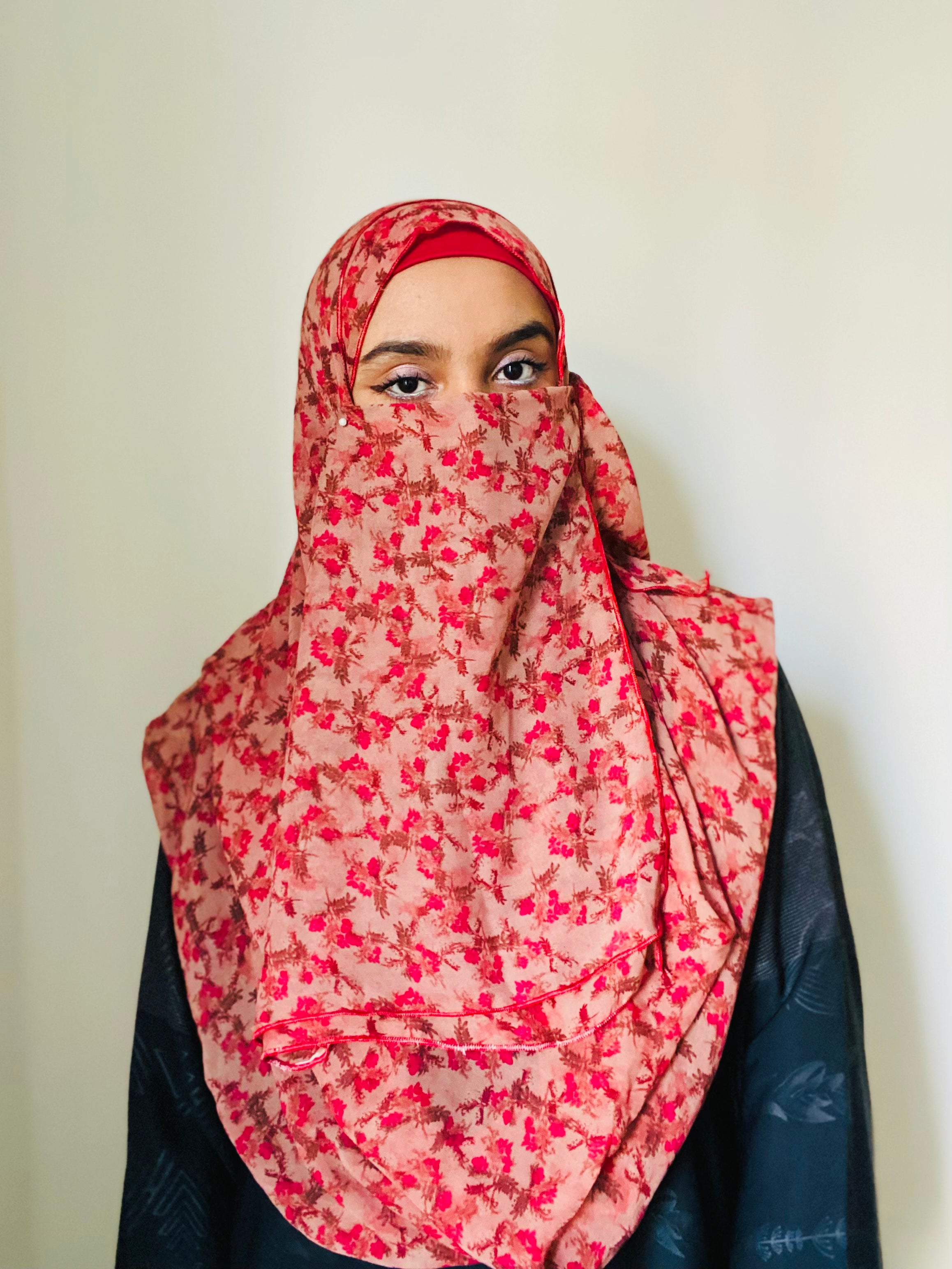 Printed Double Loop Hijab With Plain Niqab - Cherry Blossom Red