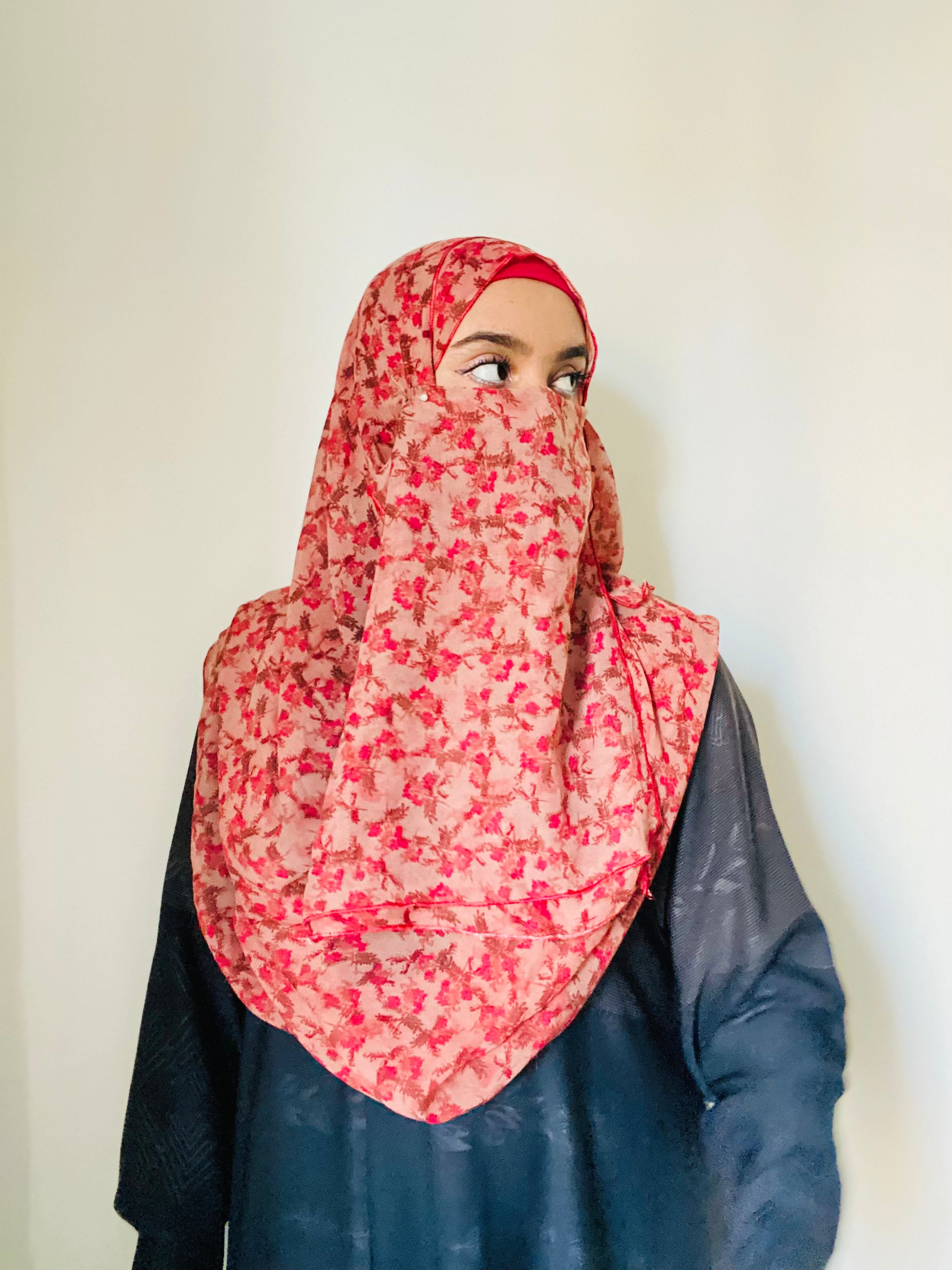 Printed Double Loop Hijab With Plain Niqab - Cherry Blossom Red