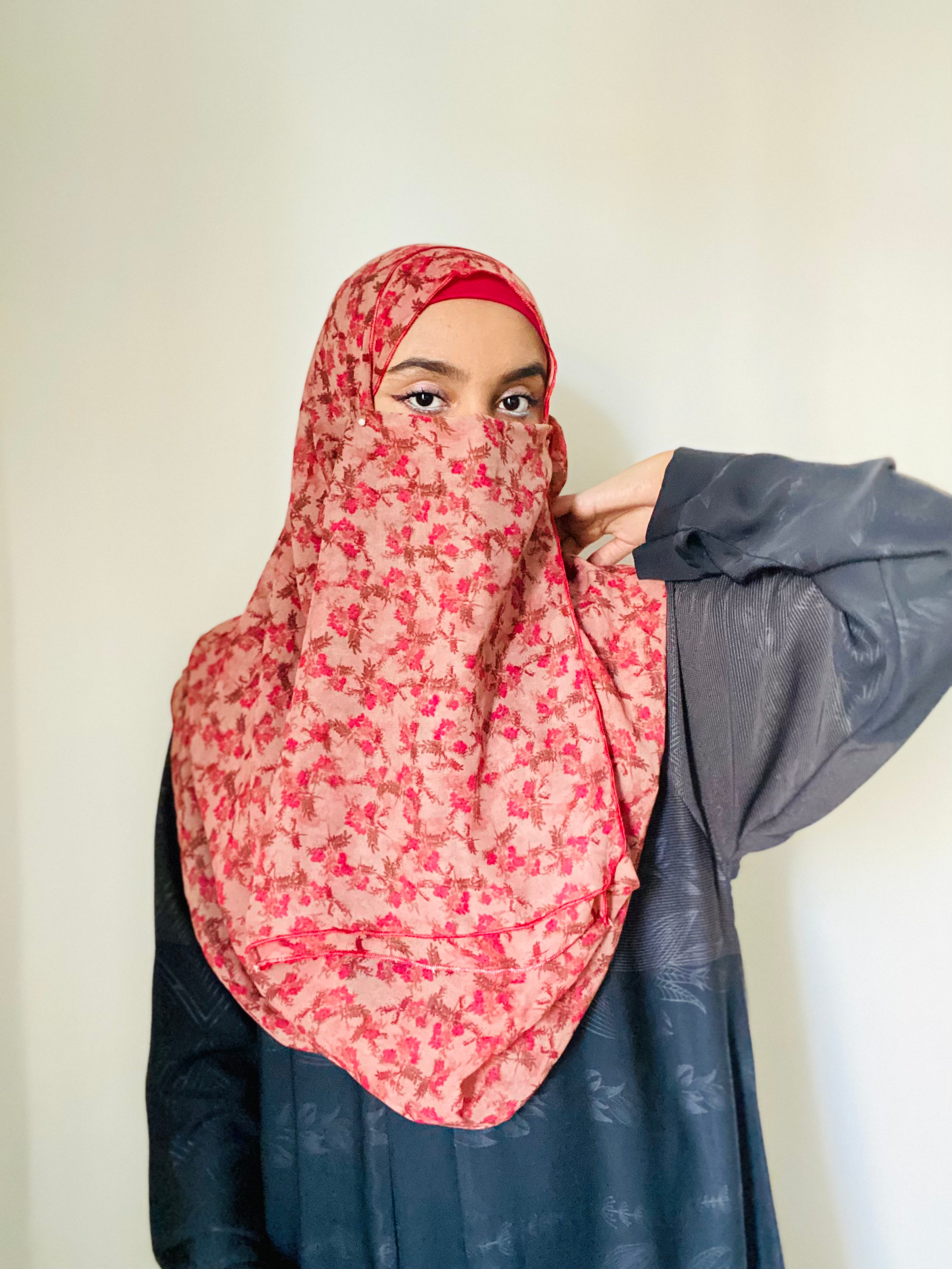 Printed Double Loop Hijab With Plain Niqab - Cherry Blossom Red