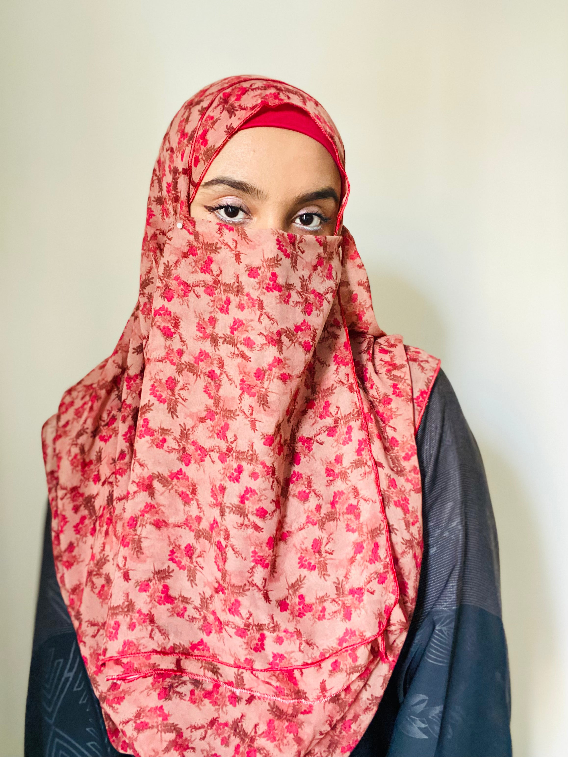 Printed Double Loop Hijab With Plain Niqab - Cherry Blossom Red