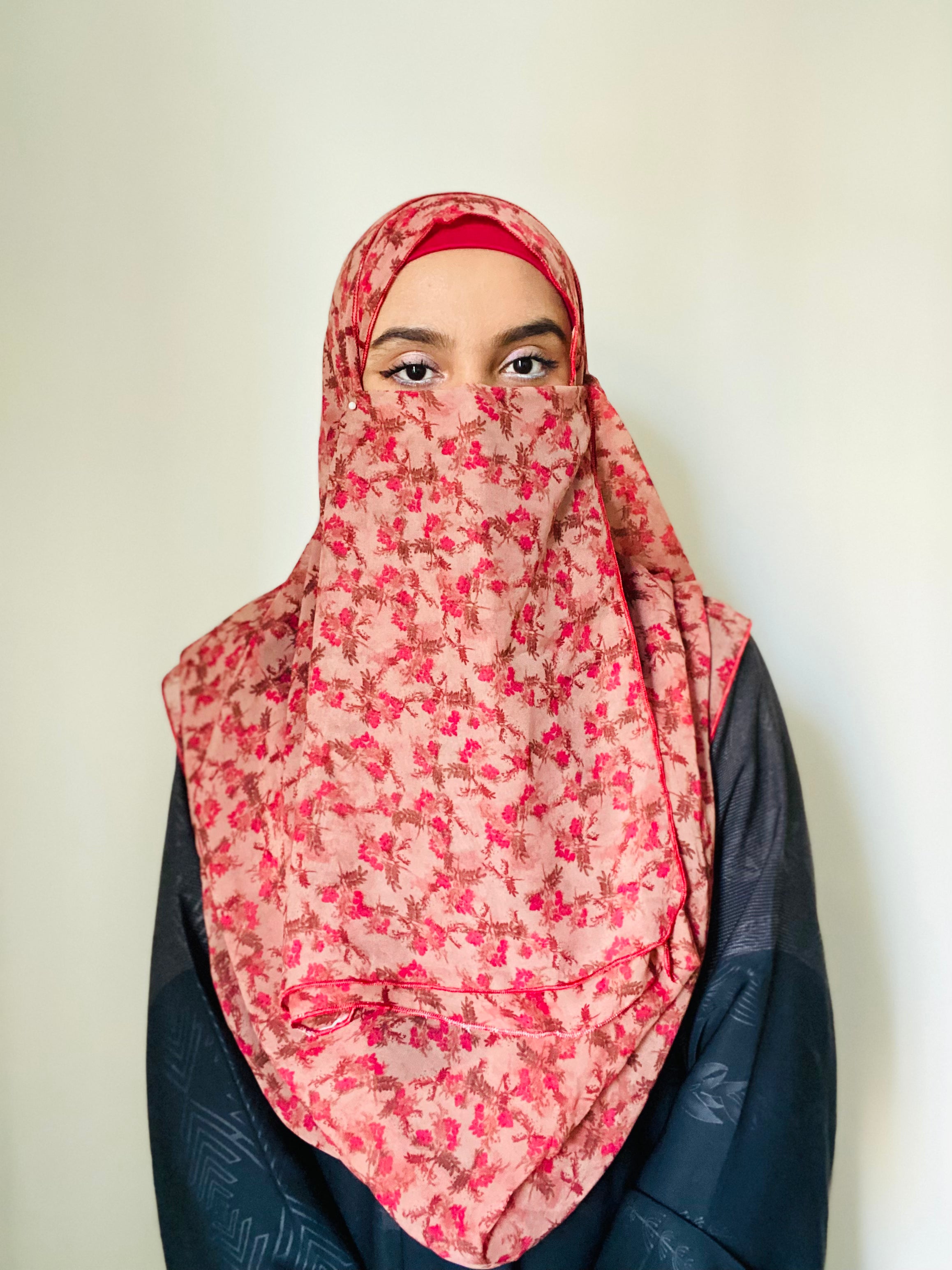 Printed Double Loop Hijab With Plain Niqab - Cherry Blossom Red