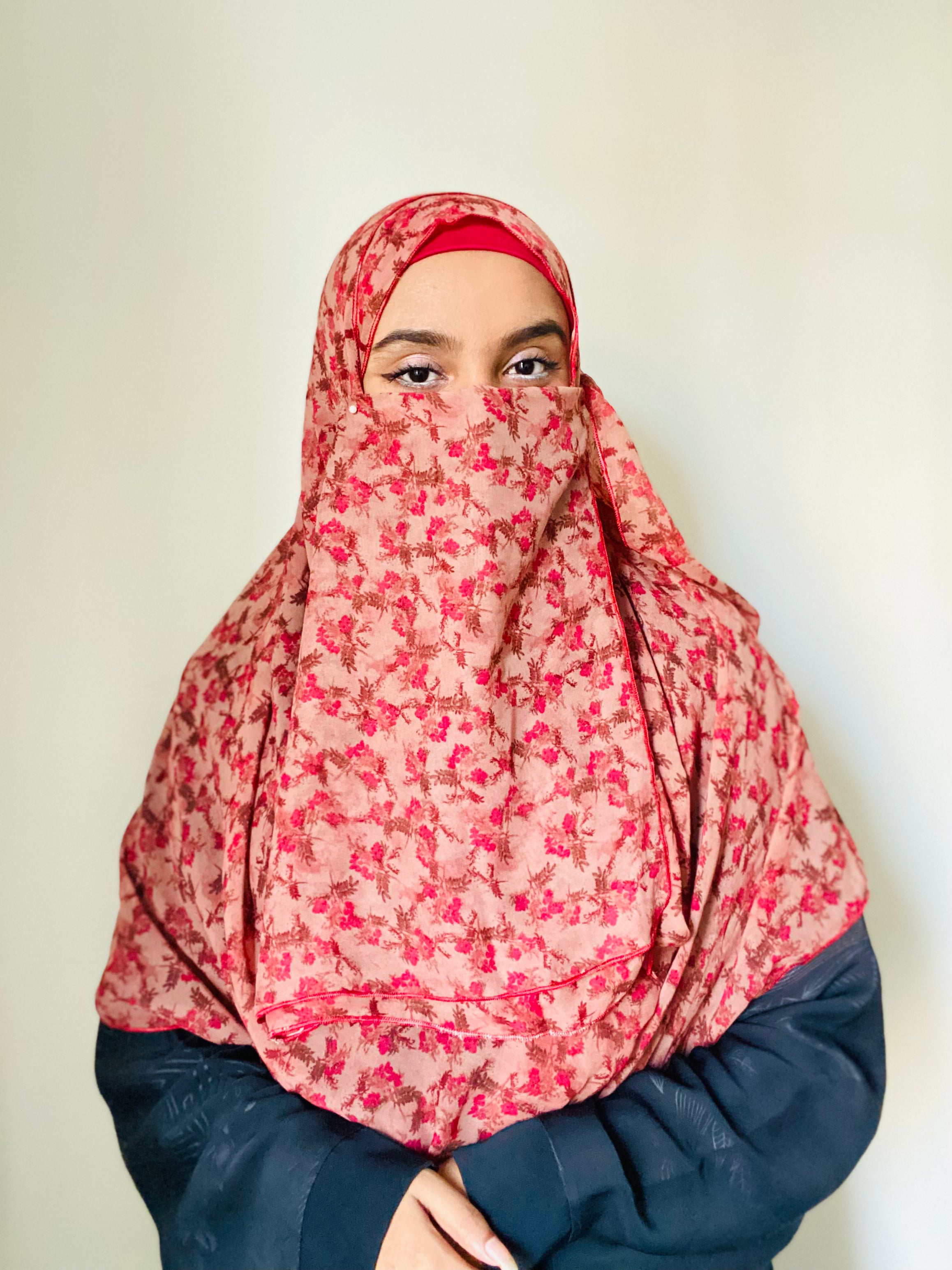 Printed Double Loop Hijab With Plain Niqab - Cherry Blossom Red