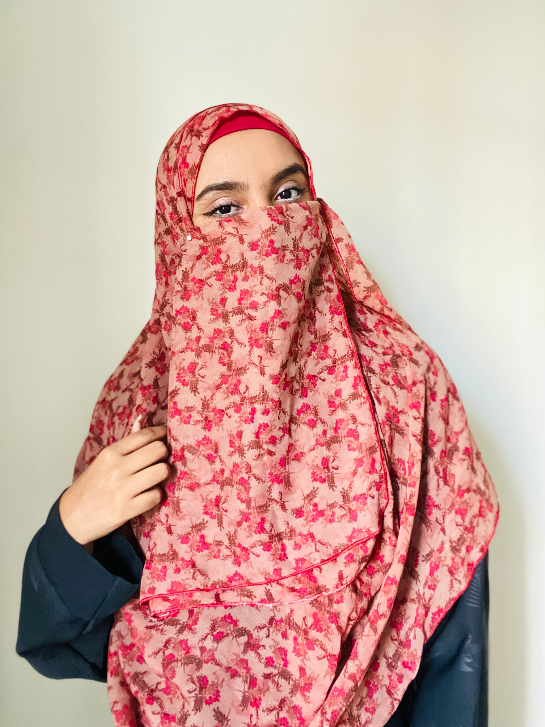 Printed Double Loop Hijab With Plain Niqab - Cherry Blossom Red