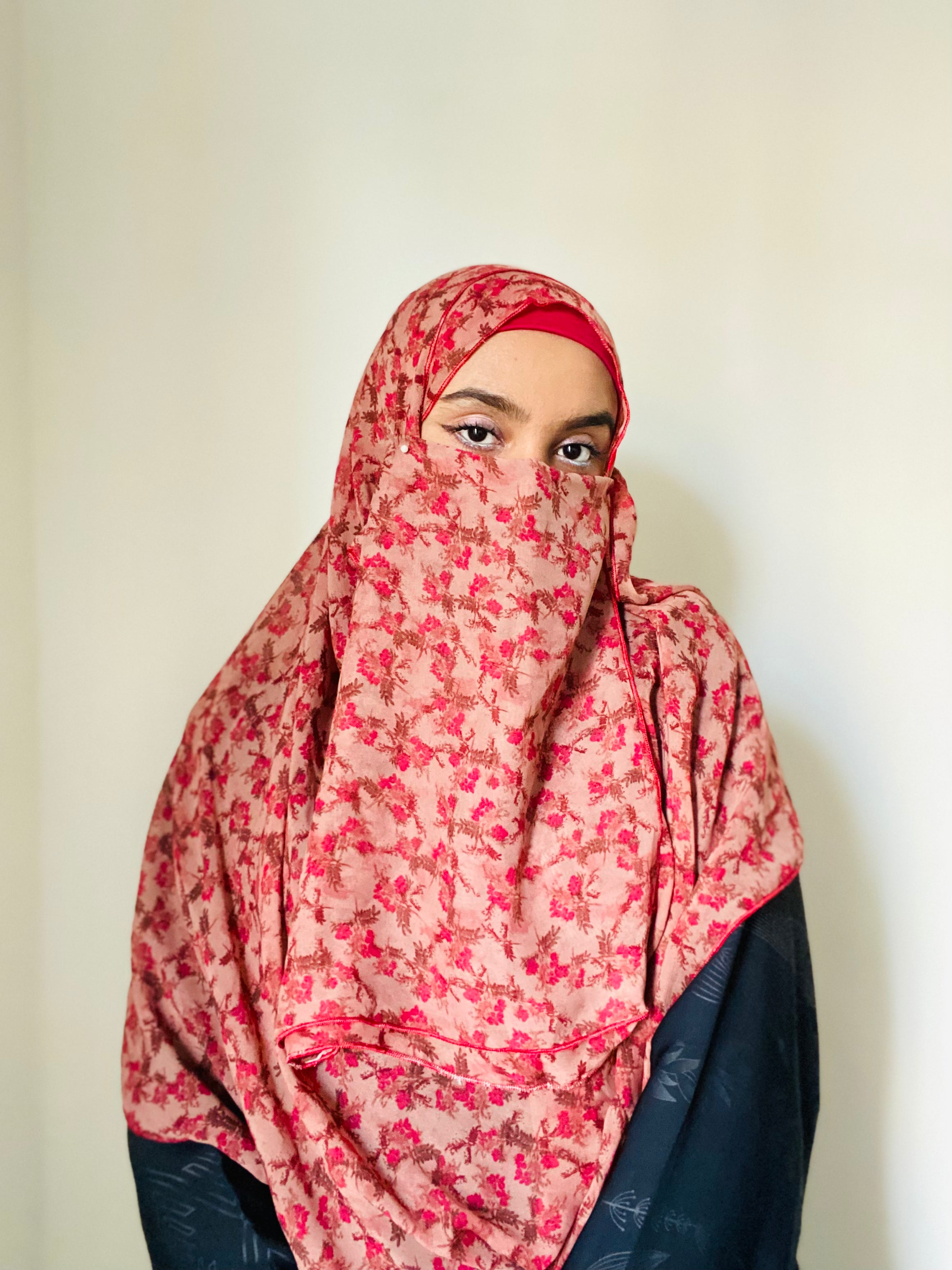 Printed Double Loop Hijab With Plain Niqab - Cherry Blossom Red