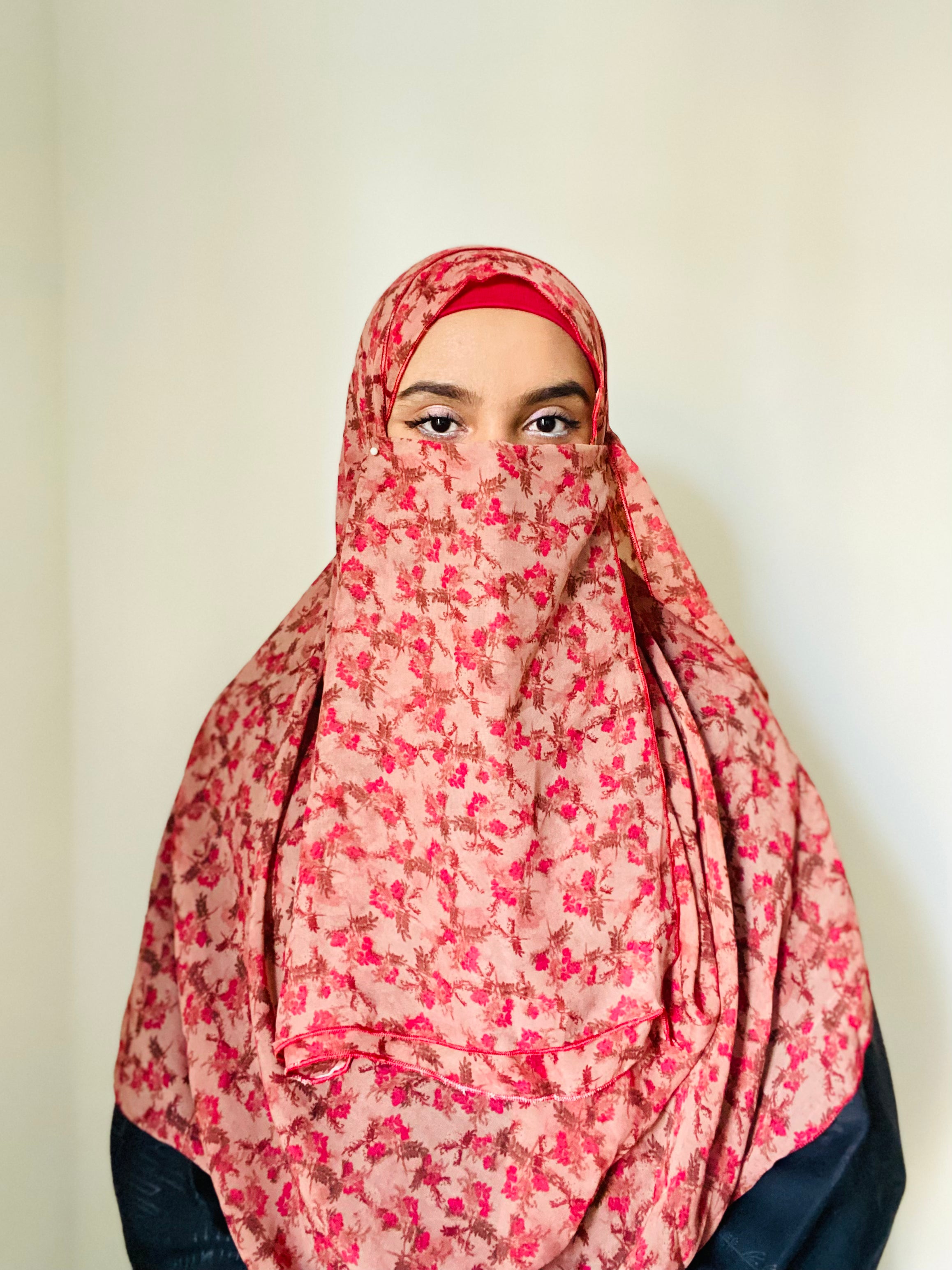 Printed Double Loop Hijab With Plain Niqab - Cherry Blossom Red
