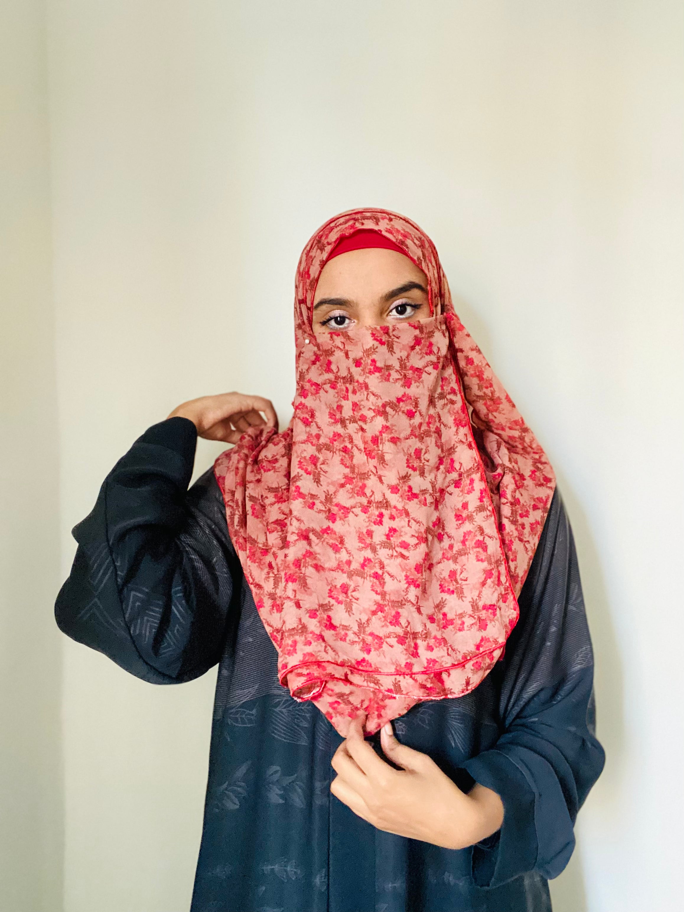 Printed Double Loop Hijab With Plain Niqab - Cherry Blossom Red