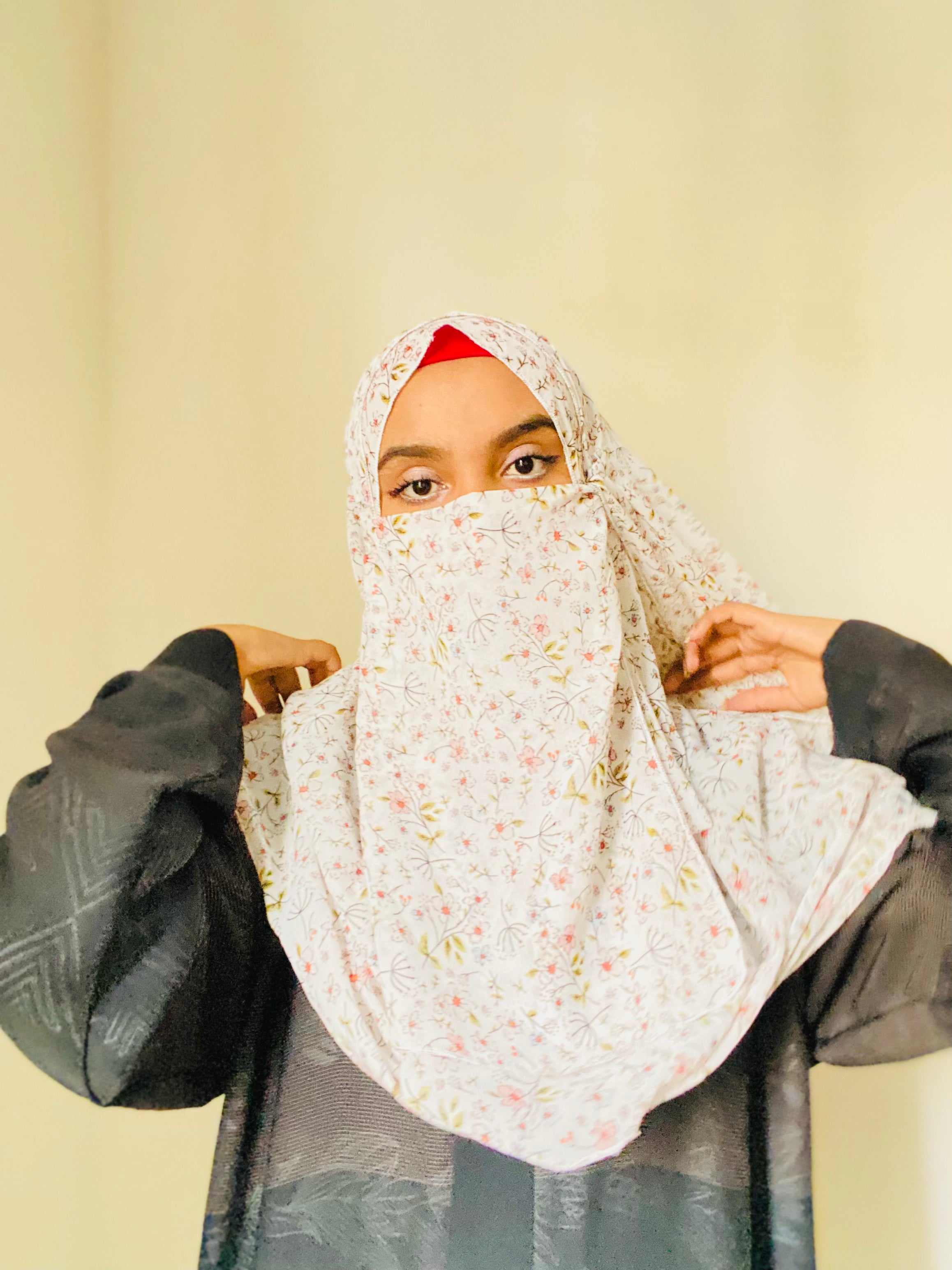 Printed Double Loop Hijab With Plain Niqab - Floral Mist