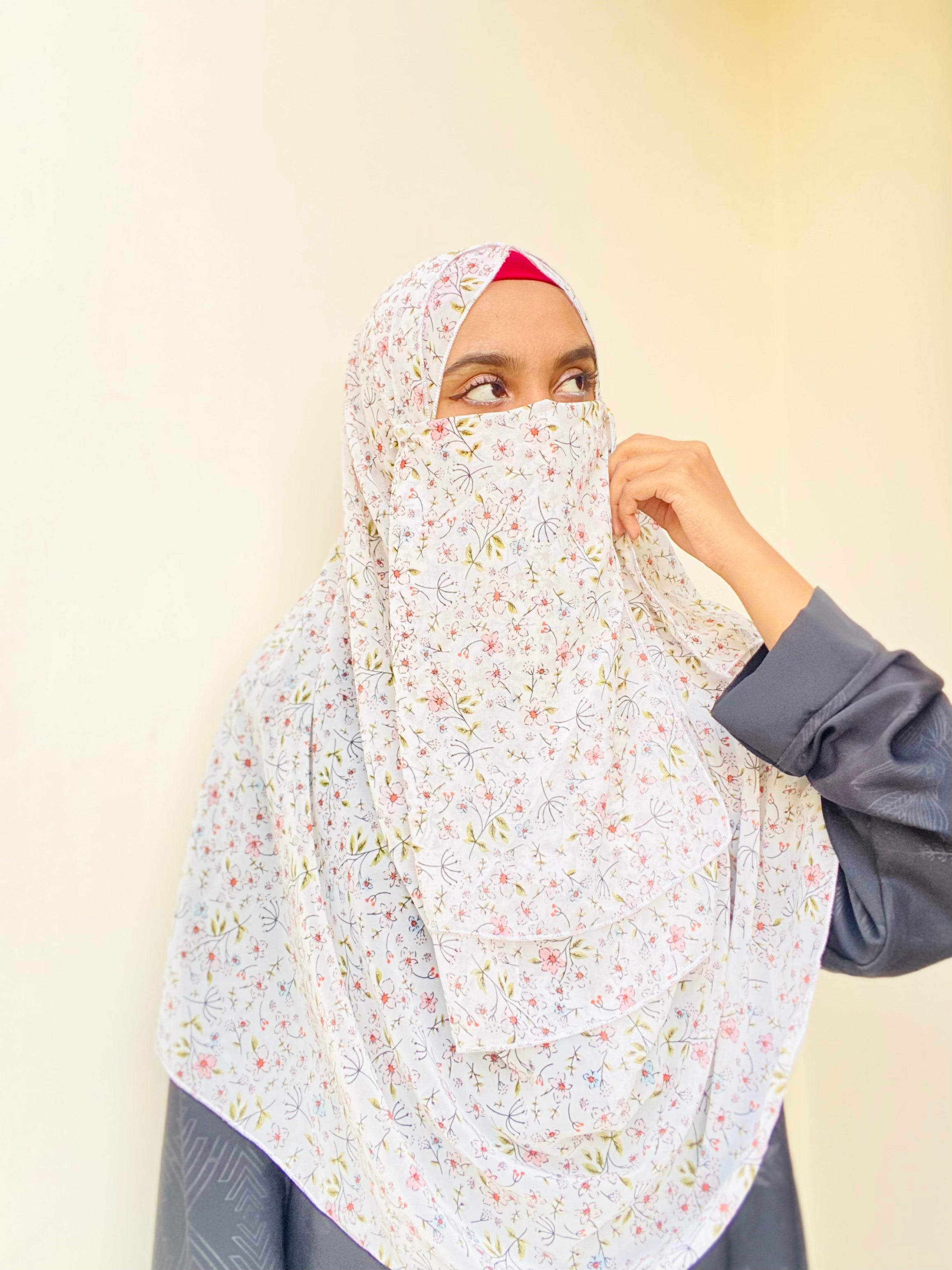 Printed Double Loop Hijab With Plain Niqab - Floral Mist