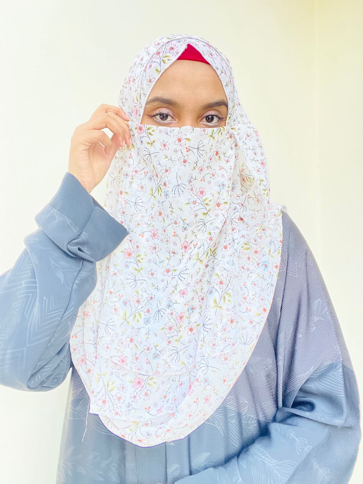 Printed Double Loop Hijab With Plain Niqab - Floral Mist