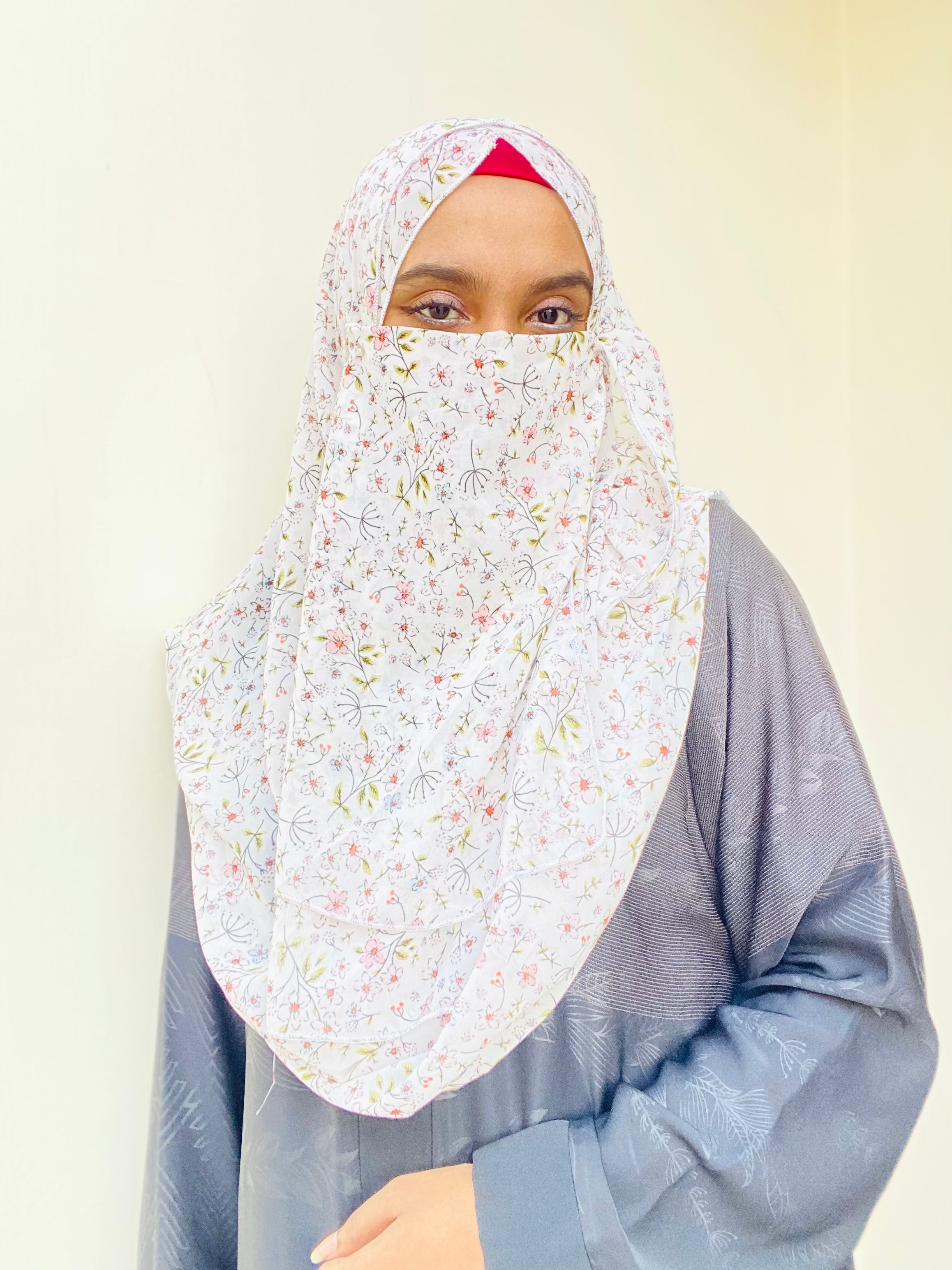 Printed Double Loop Hijab With Plain Niqab - Floral Mist