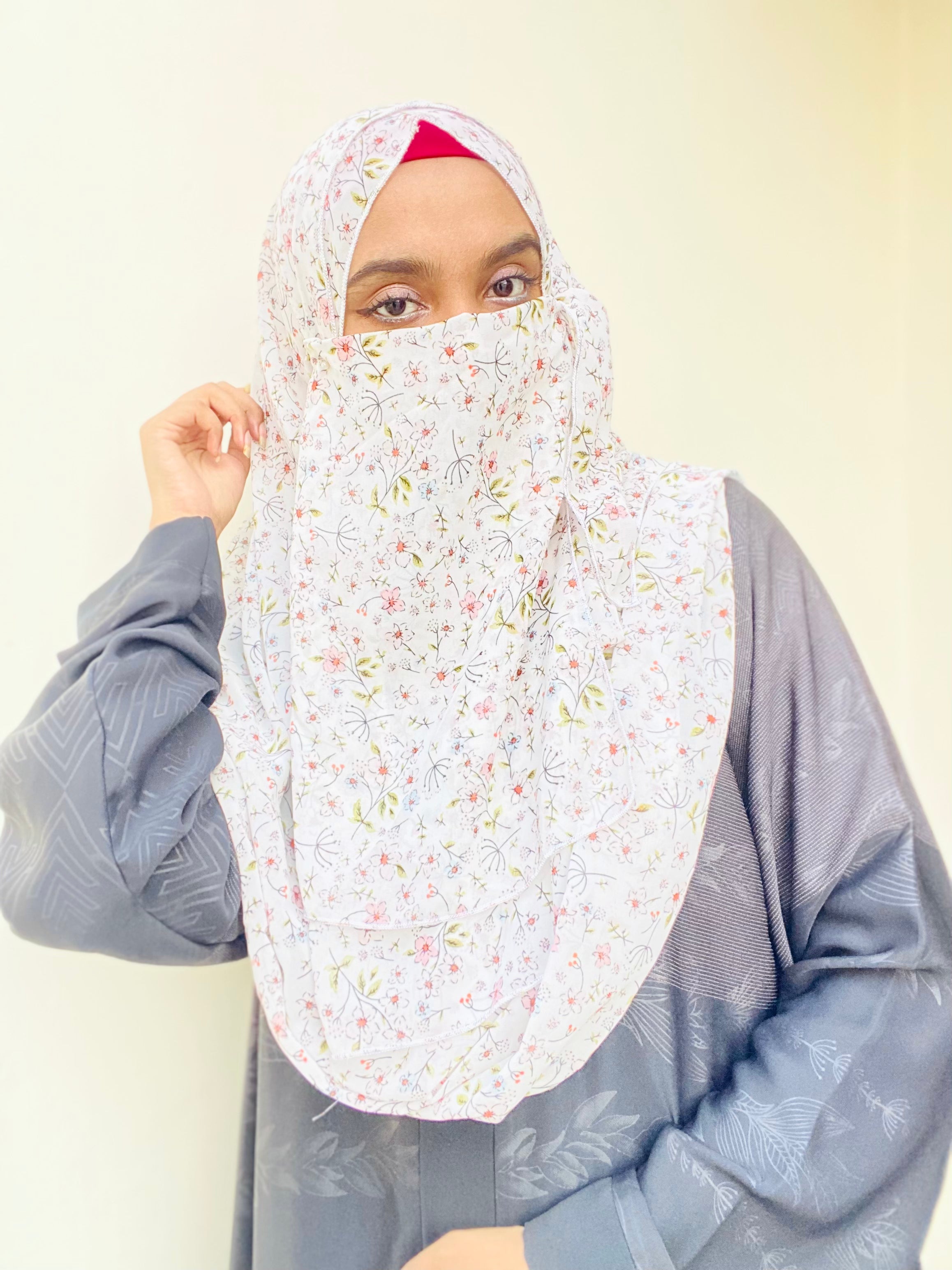 Printed Double Loop Hijab With Plain Niqab - Floral Mist