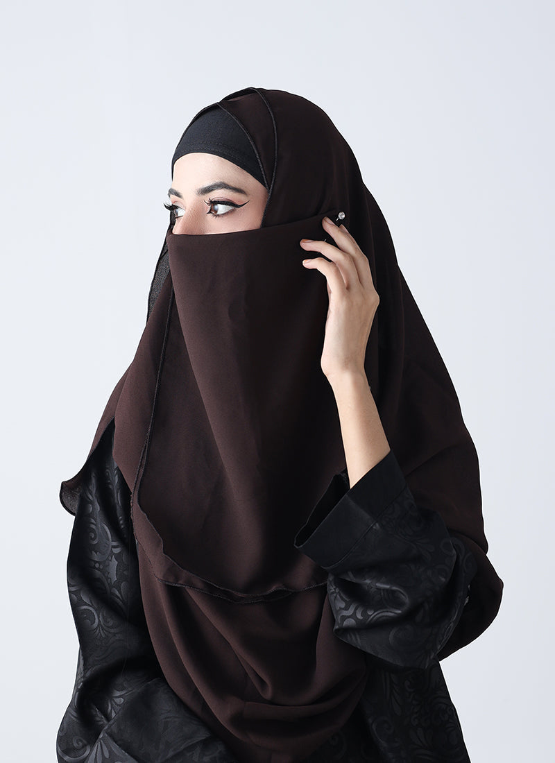 Double Loop Hijab With Plain Niqab - Dark Brown