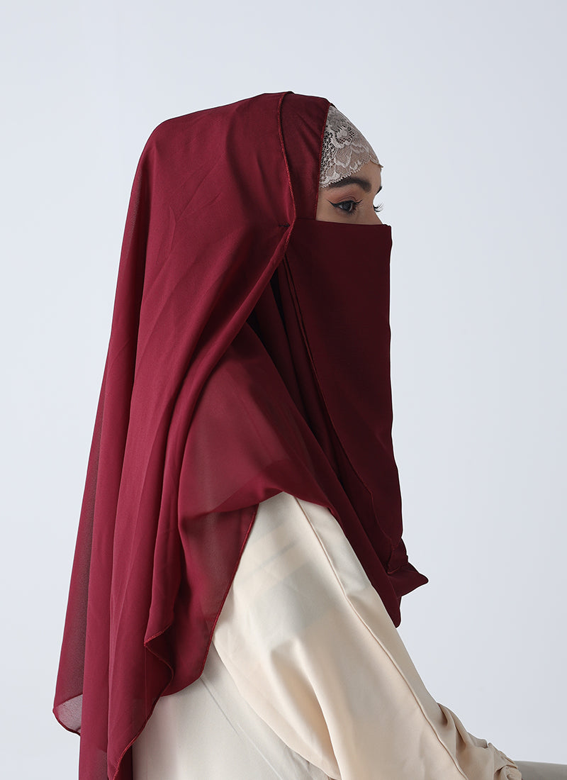 Double Loop Hijab With Plain Niqab - Maroon