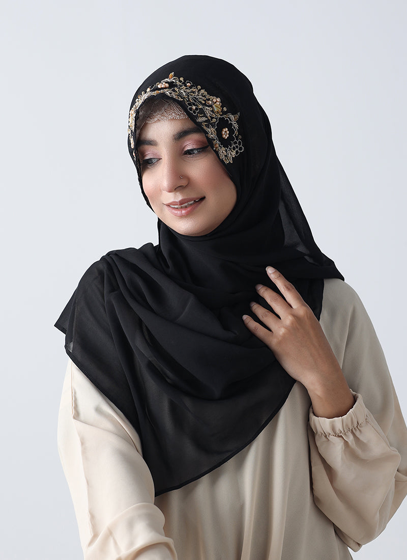 Fancy Embroidered Hijab Niqab Set - Black