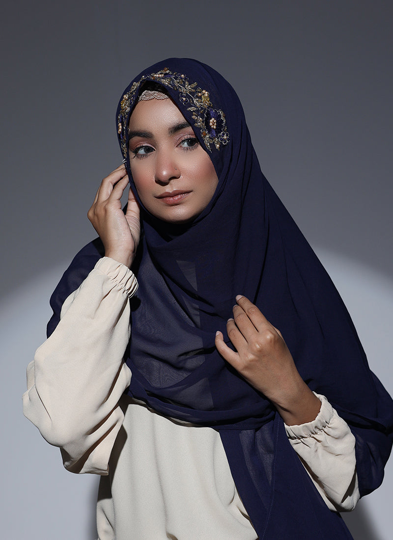 Fancy Embroidered Hijab Niqab Set - Navy
