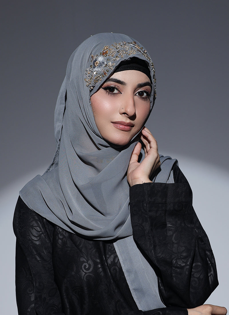 Fancy Embroidered Hijab Niqab Set - Grey