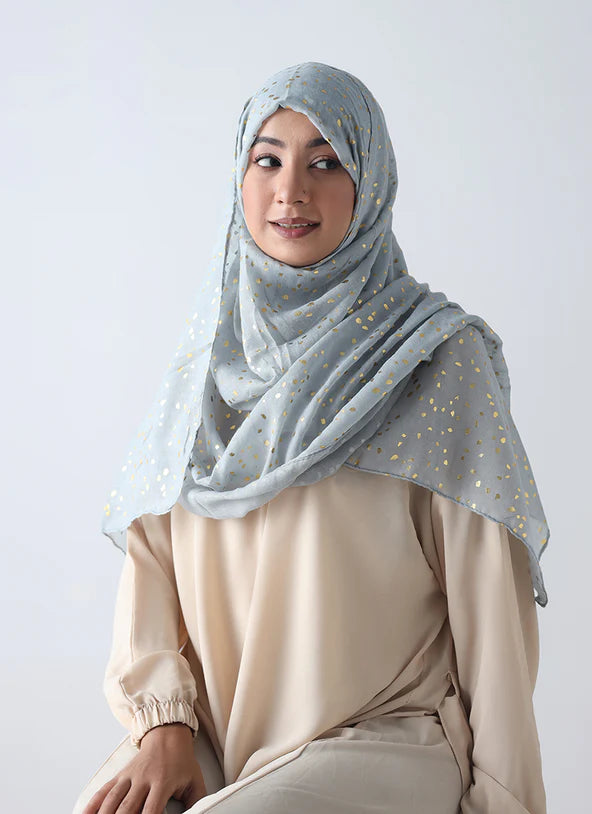 Lawn Hijab with Golden Dotted Embossed Design - Grey