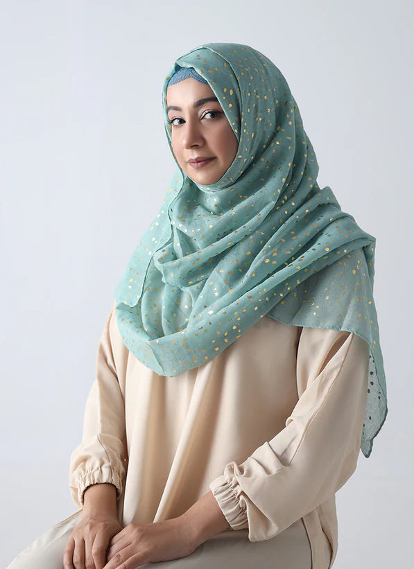 Lawn Hijab with Golden Dotted Embossed Design - Sea Green