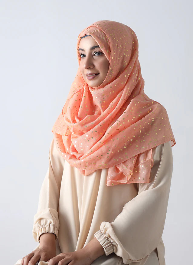 Lawn Hijab with Golden Dotted Embossed Design - Orange