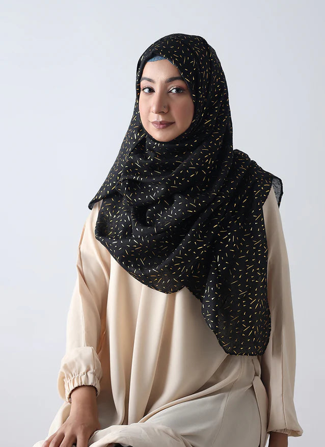 Lawn Hijab with Golden Dotted Embossed Design - Black