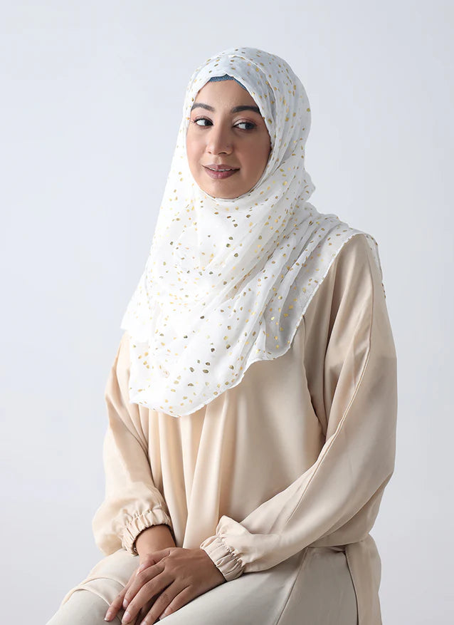 Lawn Hijab with Golden Dotted Embossed Design - White